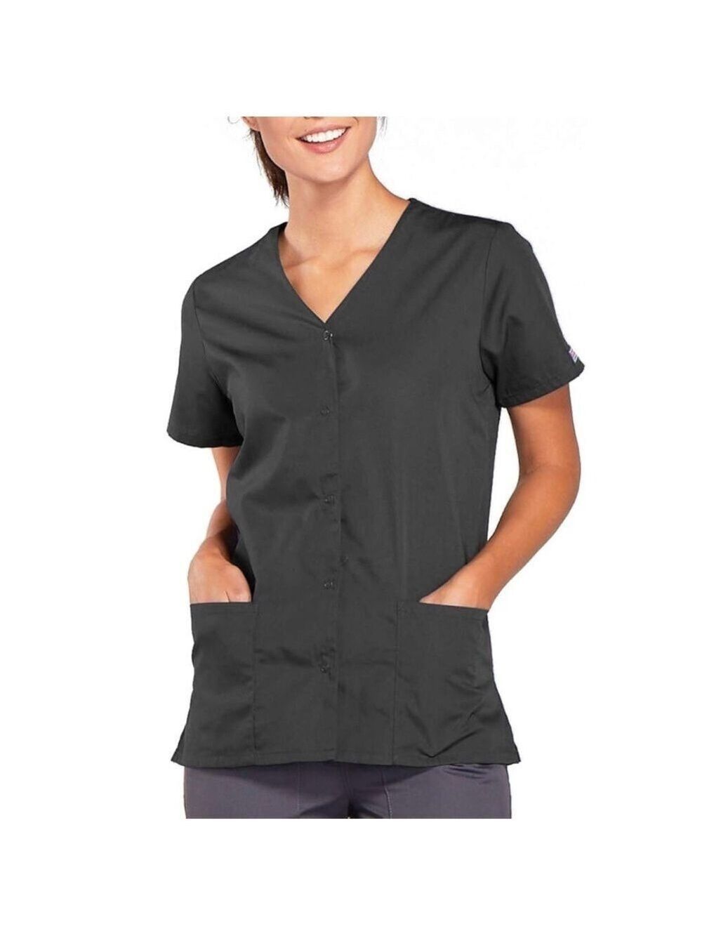 Cherokee Workwear Scrubs Snap Button Front V-Neck Short Sleeve Top